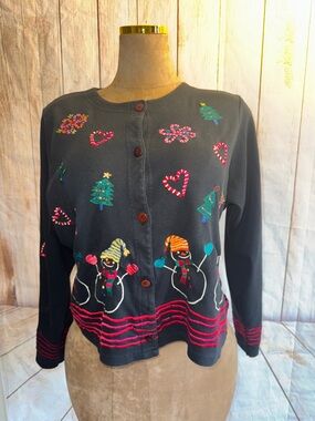 Michael Simon Black Holiday Snowman Embroidered Cardigan